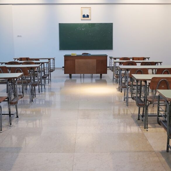 Modern school building with students and educational facilities
