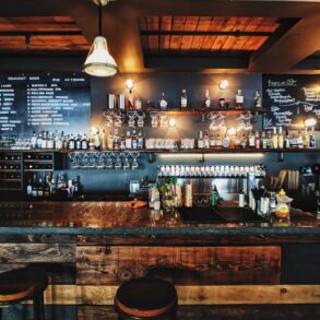 Cozy restaurant interior with warm lighting and rustic decor