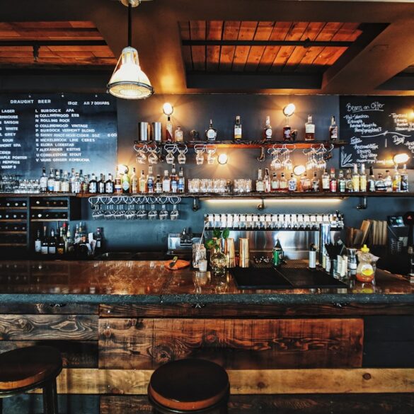 Cozy restaurant interior with warm lighting and rustic decor